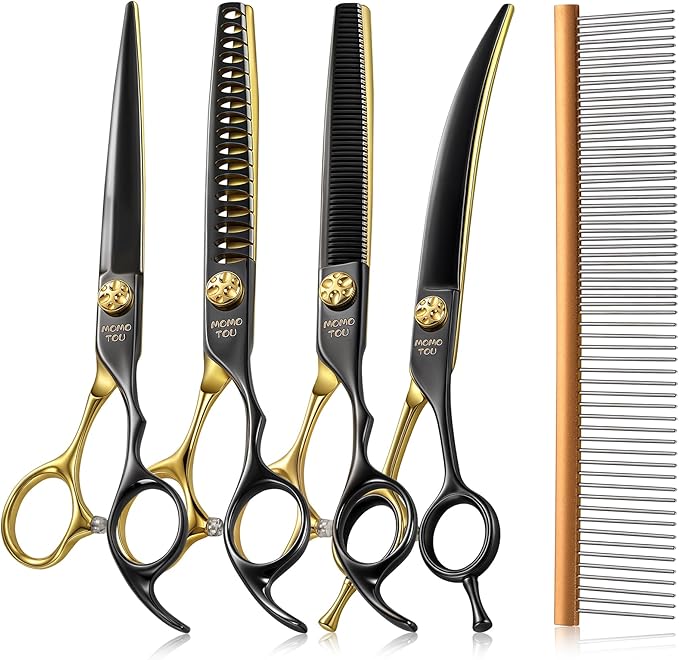 7.5'' Black & Gold Dog Grooming Scissors Set with Comb Curved, Straight, Chunker and Thinning Shears 4PCS in Scissors Bag 440C Stainless Steel Sharp and Durable for Groomers and Beginners