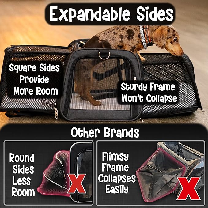 Pet Carrier with Wheels | United Delta American Frontier Airline Approved | Two Expandable Sides, Storage Pockets Adjustable Leash | Rolling Dog and Cat Carrier TSA Compliant (Dark Grey 17x11x11)