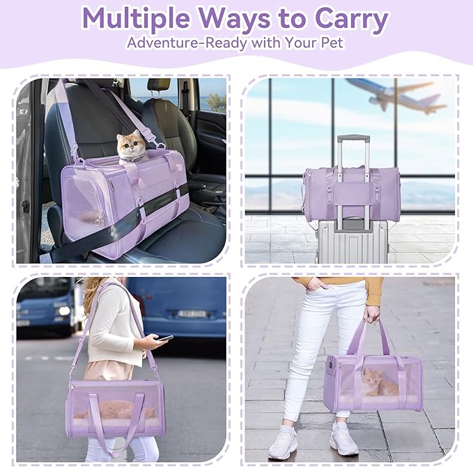 PETSFIT Cat Car Carrier for Small/Medium Cats Dogs, 18"x11"x11" Airline Approved Cat Carrier, with Patent Safety Buckles and Escape-Proof Zipper - Safeguarding Car Travel, Airplane, Vet, Outdoor