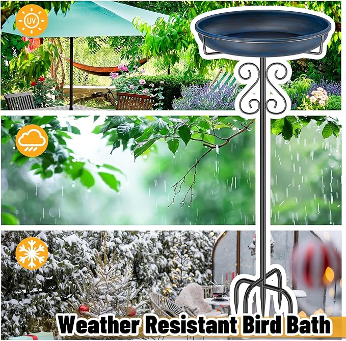 Metal Bird Bath for Outside,Bird Baths Feeder Bowl with 5 Prongs Base Stake,Freestanding BirdBaths for Outdoors Garden Patio Yard Lawn Decor (Vintage Blue)