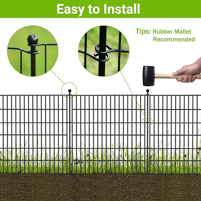 10 Panels No Dig Decorative Outdoor Garden Fence with Gate for Yard, 40 in(H) X 23.6 ft(L) Animal Barrier Fencing Rustproof Metal Wire Panel Border for Dog, Rabbits, and Patio Temporary Ground Stakes