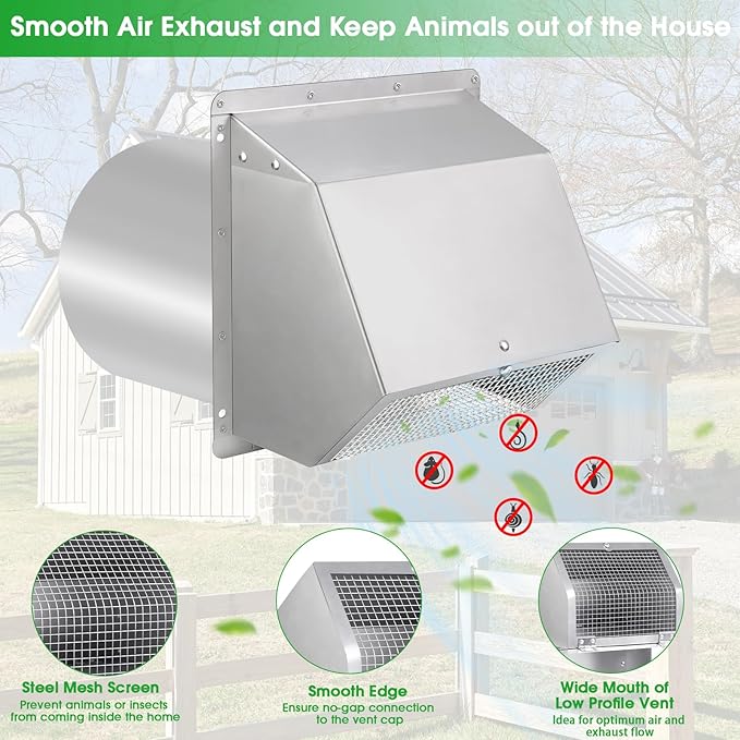 12 Inch Hooded Wall Vent with Screen and Damper,Outdoor Wall Exhaust Vent Cover Cap for Exterior HVAC Duct Industrial Facilities Kitchen Range Hood Dryer Ventilation and Air Exhaust,Stainless Steel