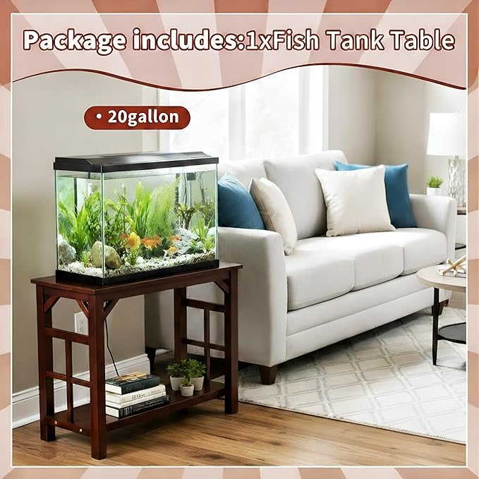 10-20 Gallon Solid Cherry Wood Fish Tank Aquarium Stand, Heavy Duty 220lb Load Capacity, Compact Accessories Storage Shelf, Brown Wood Tank Table, 25.5 x 13.7 x 25.5 in
