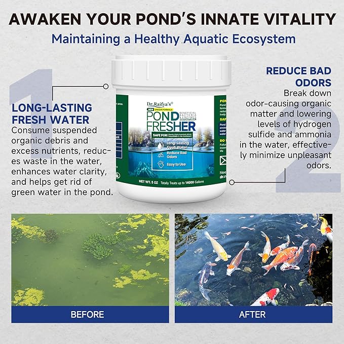 Dr. Raifya's Pond Fresher - 5 OZ - Natural Water Clear & Odor Control in Koi Pond, Bird Baths & Fountains, Beneficial Bacteria & Enzymes Safe for Fish, Pets, Wildlife & Plants, Easy to Use