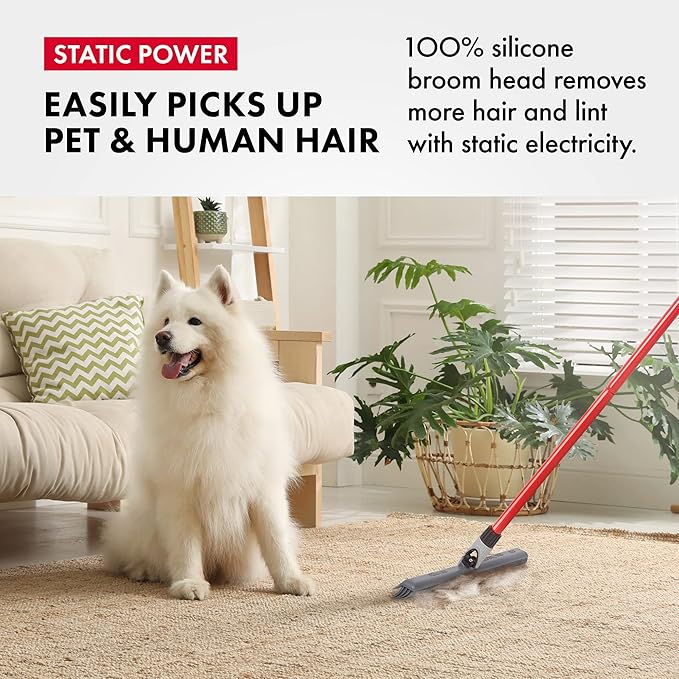 2-in-1 Silicone Rubber Broom Carpet Rake and Squeegee - Swivel Pet Hair Removal Broom with 1 Piece Long Handle - Slanted Side Bristles for Corners - Multipurpose Broom for Carpet, Hardwood Floor, Tile