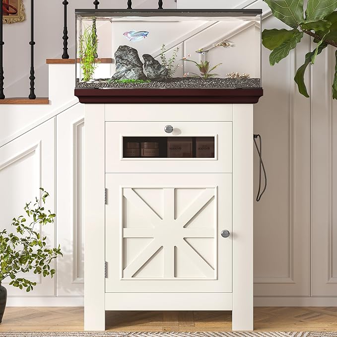 10-15 Gallon Fish Tank Stand with Power Outlets, 198LBS Farmhouse Wood Aquarium Stand Furniture with Storage Cabinet and Drawer, Reptile Turtle Tank, Beige Brown