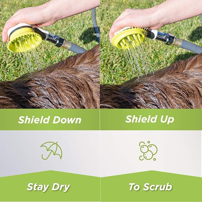Wondurdog Outdoor Dog Wash Garden Hose Nozzle for Bath and Quick Paw Rinses. Splash Shield Handle and Rubber Grooming Brush. Metal Connection. Swivels on Hose with Water Pressure Control.