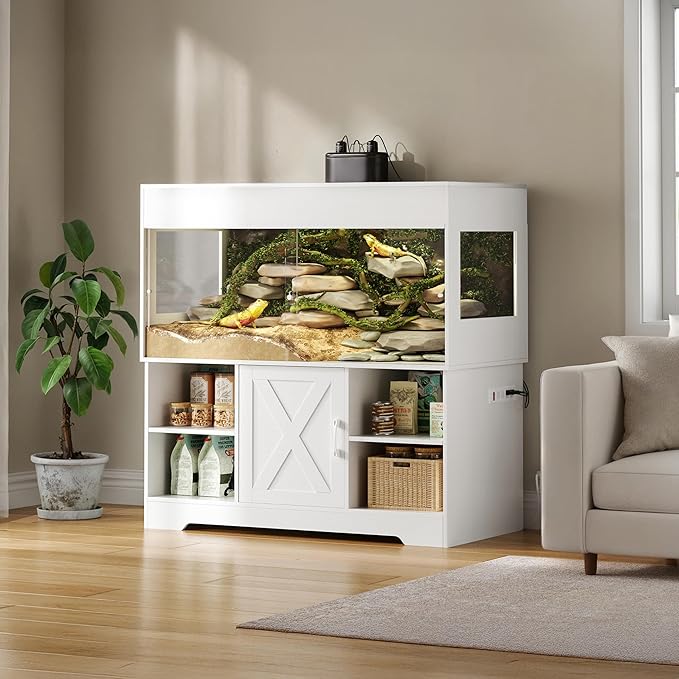 120 Gallon Terrarium with Stand, 4x2x2 Reptile Enclosure Tank for Bearded Dragons Snakes Lizards, Large Vivarium Habitat with Storage & Power Strip White PX07RTW