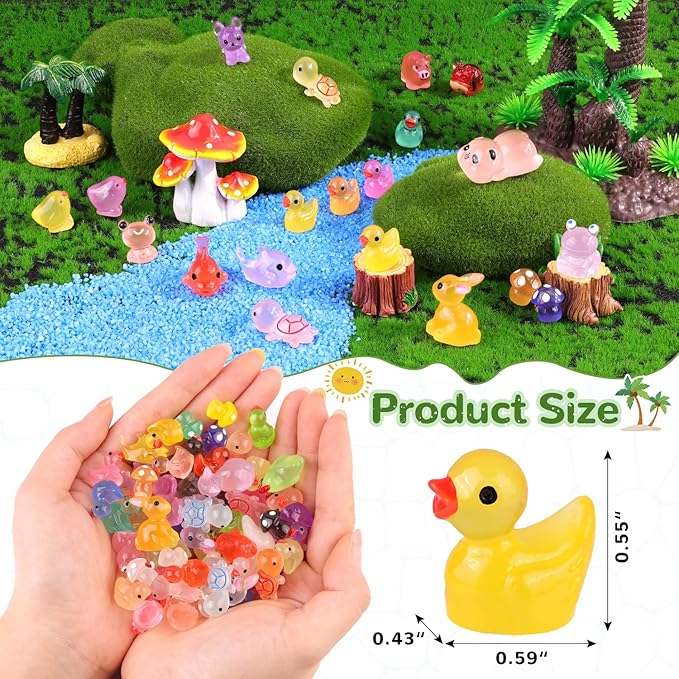 110PCS Mini Resin Animals Tiny Cute Figurines Glow in Dark, Miniature Figures to Hide, Little Animal Toys Small Accessories for Topper Desk Garden Dollhouse Landscape Aquarium Ornaments Crafts & Decor