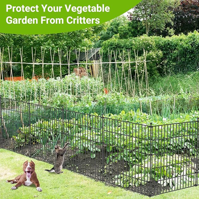 10 Panels No Dig Decorative Outdoor Garden Fence with Gate for Yard, 48 in(H) X 26.25ft(L) Animal Barrier Fencing Rustproof Metal Wire Panel Border for Dog, Rabbits, and Patio Temporary Ground Stakes