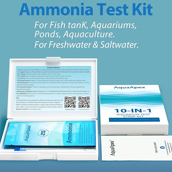 10-in-1 Aquarium Test Kit (50 Strips) 25 Multi-Test + 25 Ammonia | Ammonia Test kit Aquarium for Freshwater & Saltwater | Saltwater Test Strips for Fish Tanks, Ponds | Test Nitrate, pH & More.