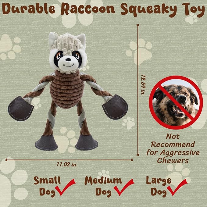 Squeaky Dog Toys, Tug of War Plush Toys with 5 Squeakers, Stuffed Dog Toys to Keep Them Busy, Chew Toys with Crinkle Paper for Small & Large Breeds (Raccoon)