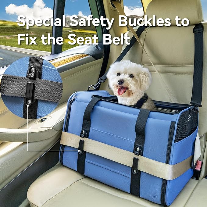 PETSFIT Cat Car Carrier for Medium Cats Dogs, 19"x12"x12" TSA Approved Pet Carrier, with Patent Safety Buckles and Escape-Proof Zipper - Safeguarding Car Travel, Vet Visit, Outdoor
