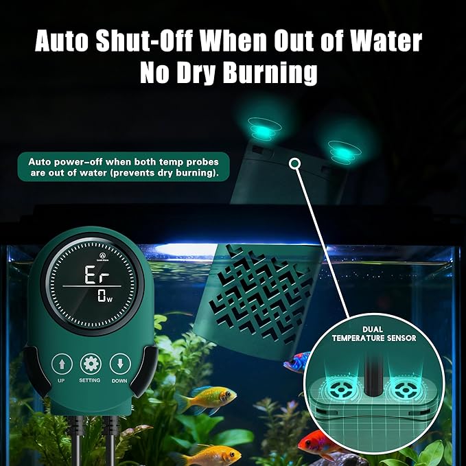 100W Smart Aquarium Heater Submersible with Variable-Frequency Energy Savings, Dual Probes for Leaving Water Automatically Stop, PTC Tech for Overheat Protection, Adjustable for Freshwater, Saltwater