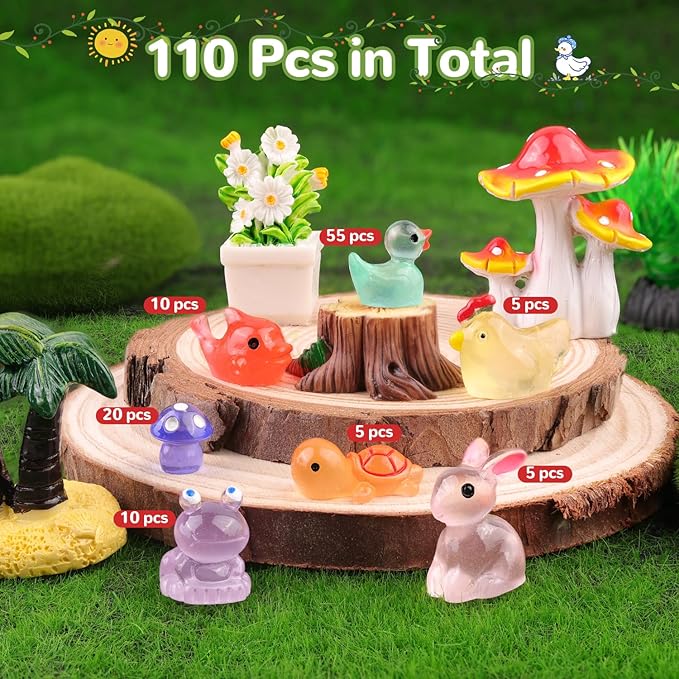 110PCS Mini Resin Animals Tiny Cute Glow Figures in Dark, Miniature Figurine to Hide, Little Animal Toys Small Accessories for Topper Desk Garden Dollhouse Landscape Aquarium Ornaments Crafts & Decor
