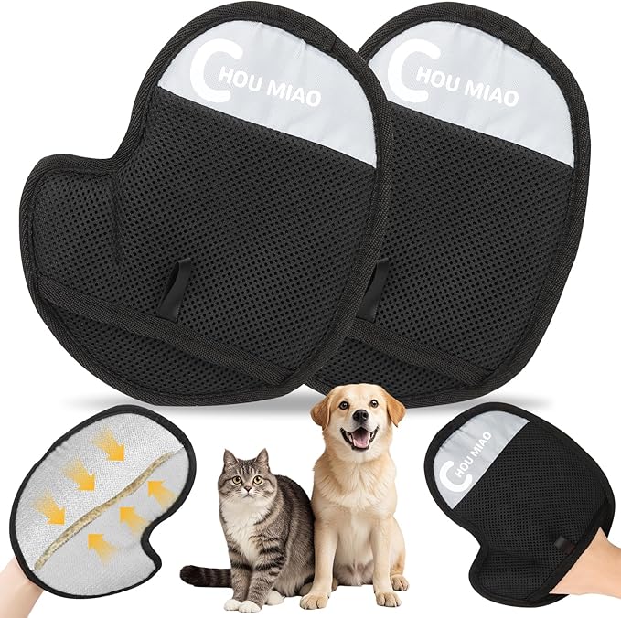 2 Pack Pet Hair Removal Gloves, Reusable Electrostatic Glove Pet Hair Removal Brush for Dogs Cats Grooming, Pet Hair Remover Tool for Furniture, Clothing, Couch, Carpet, Car Seats