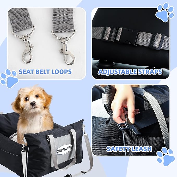 Dog Car Seats for Small & Medium Dogs, Waterproof Dog Booster Seat with Storage Pockets Soft Travel Bed with Clip-On Safety Dogs Leash and Secure Straps Puppy Travel Carrier Bed，Black