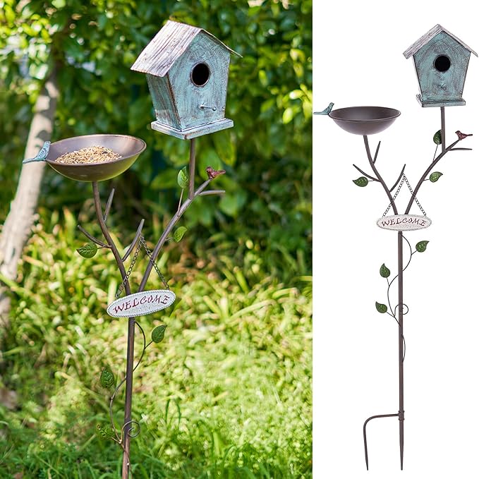 Bird Baths and BirdHouses with Pole, Distressed Metal Bird Bath Bowl and Birdhouse Stake for Outdoor Garden Yard Decoration (Bird Baths/BirdHouses-D)