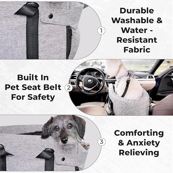 Center Console Dog Car Seat for Small Dogs and Puppies 5-13Lbs, Ideal Armrest Booster Car Travel Seat with Safety Protection Seat Belts, Storage Pockets - Reduces Anxiety (Woven - Grey)