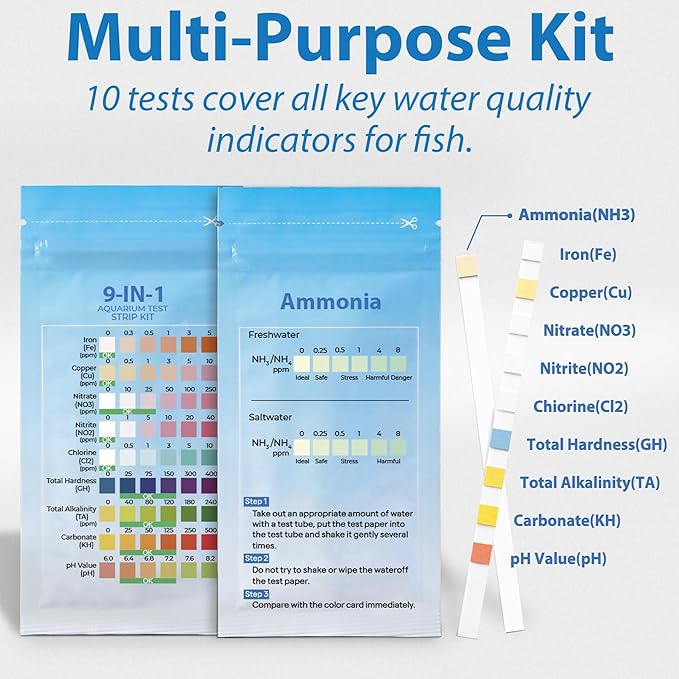 10-in-1 Aquarium Test Kit (50 Strips) 25 Multi-Test + 25 Ammonia | Ammonia Test kit Aquarium for Freshwater & Saltwater | Saltwater Test Strips for Fish Tanks, Ponds | Test Nitrate, pH & More.