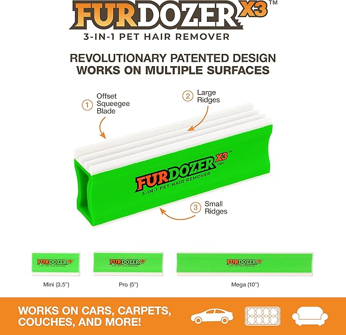 FurDozer Pet Hair Remover & Auto Detailing Tools - Cat & Dog Hair Remover for Carpets, Car Interiors, Couches, Bedding, & Pet Furniture (Green, X3 PRO - 5" Long)