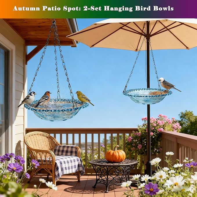 2 Pack Super Value Hanging Plastic Bird Baths and Feeders for Outdoors Bird Water Bowls and Seed Trays Set Attract Wild Birds Garden Yard Decor Gift (Blue)