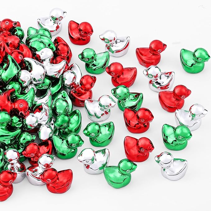 120Pcs Mini Duck Statue Golden Duck Figurines Micro Garden Landscape Dollhouse Cake Decoration Potted Plants DIY Craft Charms for Party Gift(Red Green Silver)