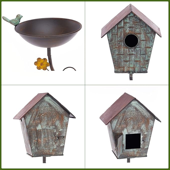 Bird Baths and BirdHouses with Pole, Distressed Metal Bird Bath Bowl and Birdhouse Stake for Outdoor Garden Yard Decoration (Bird Baths/BirdHouses-B)