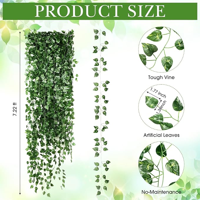 100 Pcs 722ft Artificial Ivy Garland Fake Vines Bulk Green Leaves Greenery Vines for Bedroom Hanging Plants for Wedding Garden Home Wall Jungle Themed Party Decorations