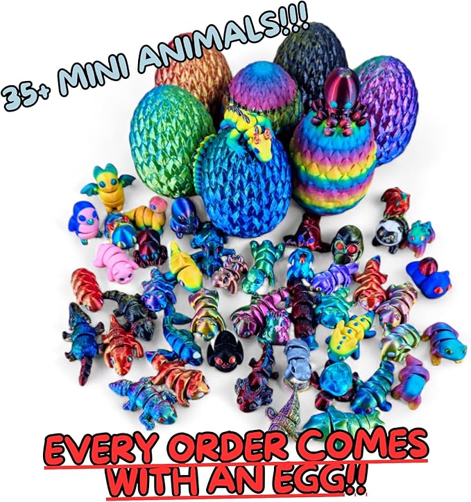 10 Pack Mystery Mini Animal Packs - 3D Printed Animals Articulating Figurines - Unique and Fun Designs Includes Mystery Egg - Stress Relief (Mystery Gemstone 10)