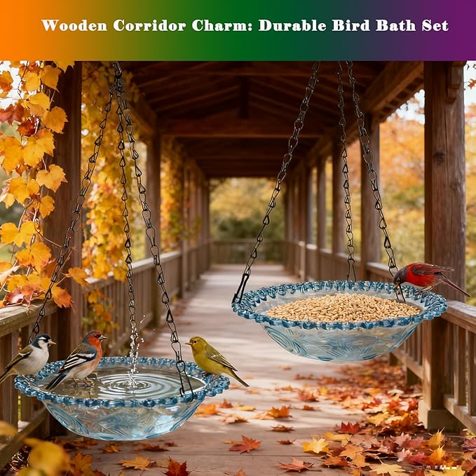 2 Pack Super Value Hanging Plastic Bird Baths and Feeders for Outdoors Bird Water Bowls and Seed Trays Set Attract Wild Birds Garden Yard Decor Gift (Blue)