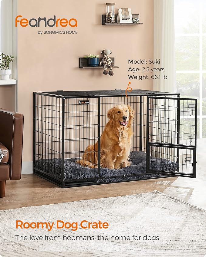 Feandrea 48 Inch Heavy Duty Dog Crate, Metal Escape Proof Dog Kennel with Double Doors and Convenient Feeding Door, Removable Tray, Easy to Clean, XXL Dog Crate for Large and Medium Dogs, Black