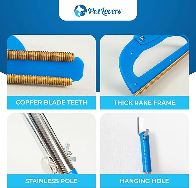 PetLovers EzLint Mega 52" Carpet Rake & Pet Hair Removal Tool – Dog & Cat Hair Remover Broom with Adjustable Handle & Extra Wide Head for Carpets, Rugs & Stairs, Blue