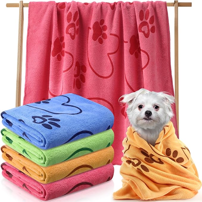 4 Pcs Dog Bath Towels Microfiber Drying Dog Towel Absorbent Pet Heart Paw Towels for Medium Dogs Puppy Cats Pets Shower(Blue, Yellow, Pink, Apple Green)