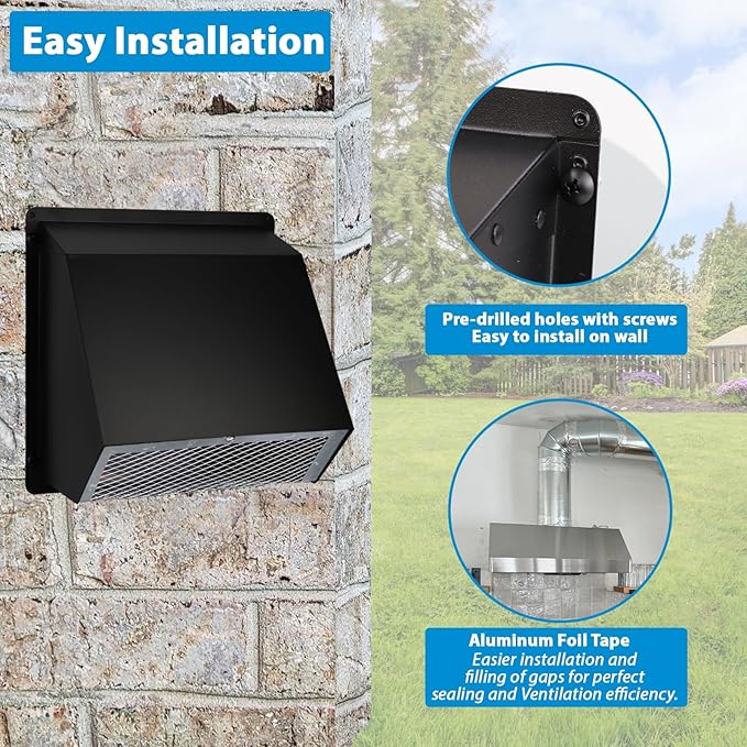 10" Hooded Wall Exhaust Vent Cover Outdoor Hooded Wall Vent with Screen and Damper,Outside Exhaust Dryer Vent Cover Exterior Wall Vent Cover for House Kitchen Range Hood Dryer,Black Hood Wall Vent Cap