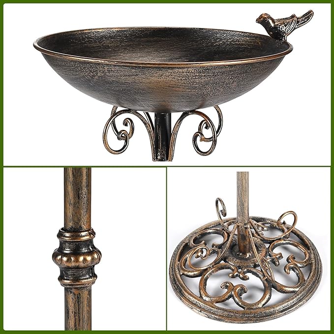 Diam 11.4" W*27.6" H Cast Iron Pedestal Bird Bath, Bird Baths for Outdoors, Seed Tray Garden Yard Decoration