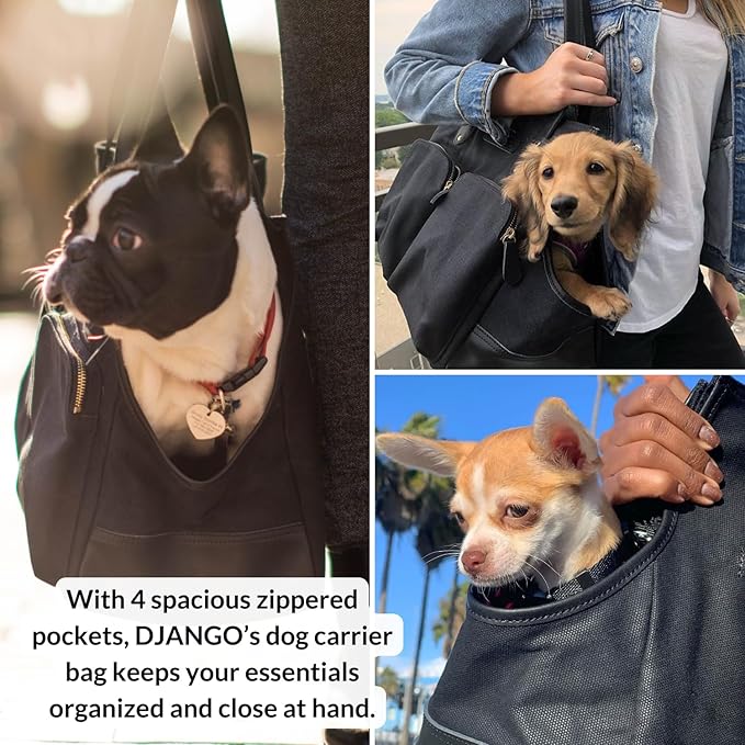 DJANGO Waxed Canvas & Leather Dog Carrier Tote Bag – Premium Soft-Sided Travel Dog Purse with Safety Leash, WR Lining, & Large Zipper Pockets – Everyday Pet Carrier for Small Dogs (Black, Medium)