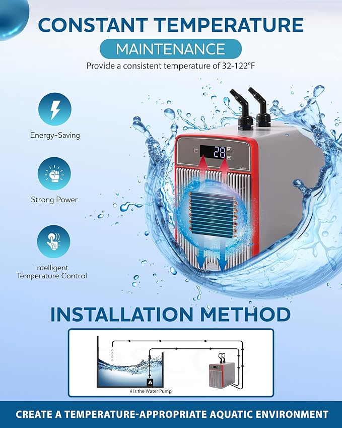 1/10 HP Aquarium Chiller– 42gal (160L). for Axolotls, Fish Tanks, hydroponics. Sea & Fresh Water Compatible. Includes Pump, nozzles & Hoops. Ideal for Coral & Shrimp.
