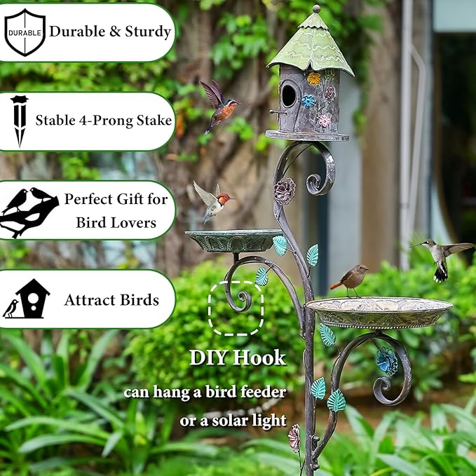 71" H Bird Baths for Outdoors, Bird Baths and Bird Houses with Pole, Metal Bird House Stake, Standing Bird Feeder and Bath Combo, Tall Birdbath with 4-Prong Stake for Outside Garden Decor