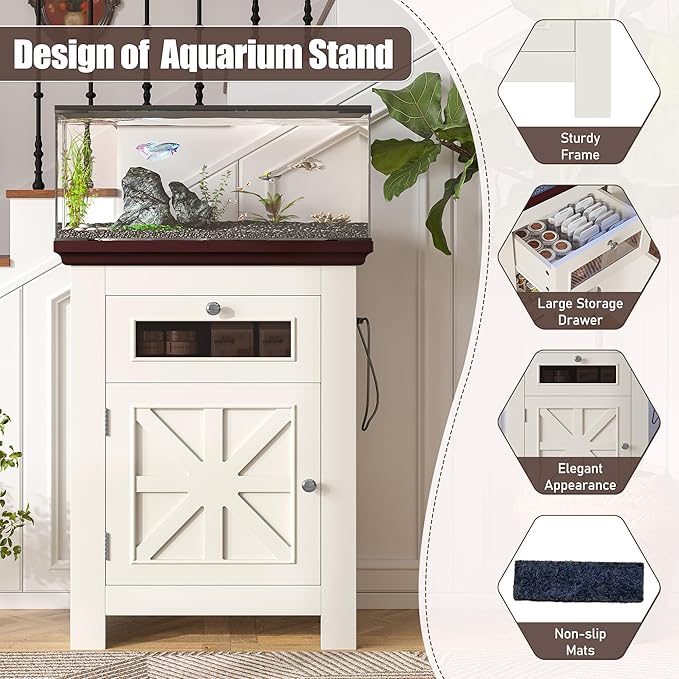 10-15 Gallon Fish Tank Stand with Power Outlet, Heavy Duty Farmhouse Aquarium Stand with Storage Cabinets & Drawer for Reptile Tank