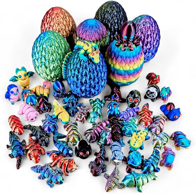 10 Pack Mystery Mini Animal Packs - 3D Printed Animals Articulating Figurines - Unique and Fun Designs Includes Mystery Egg - Stress Relief (Mystery Gemstone 10)