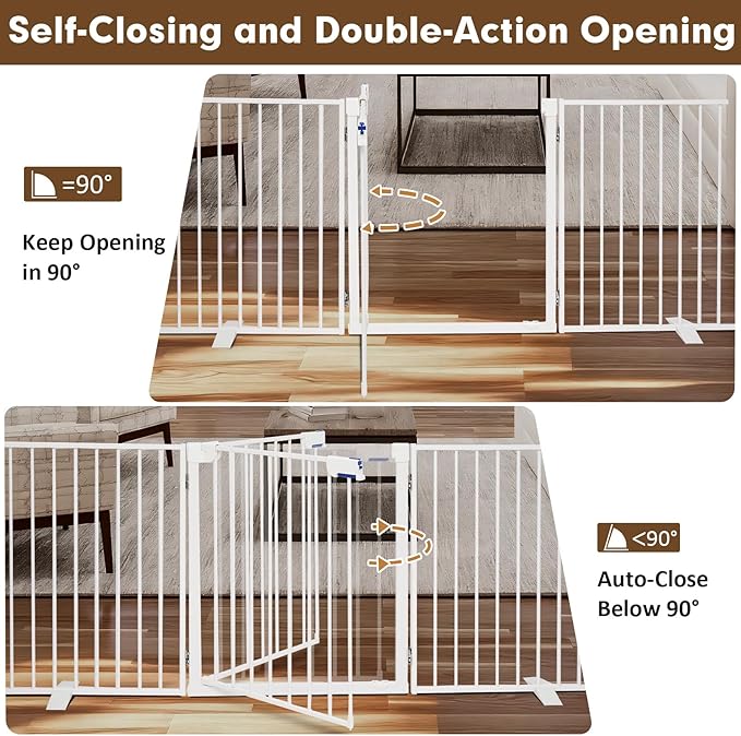 104" Extra Wide Dog Gate, Heavy Duty Metal Freestanding Dog Gate with Door for Indoor & Outdoor, Foldable Pet Fence for Doorways,House,Porch,Deck,Yard,Stairs, Auto Close(4 Panels,White)