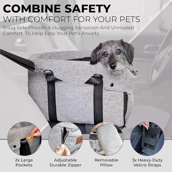 Center Console Dog Car Seat for Small Dogs and Puppies 5-13Lbs, Ideal Armrest Booster Car Travel Seat with Safety Protection Seat Belts, Storage Pockets - Reduces Anxiety (Woven - Grey)