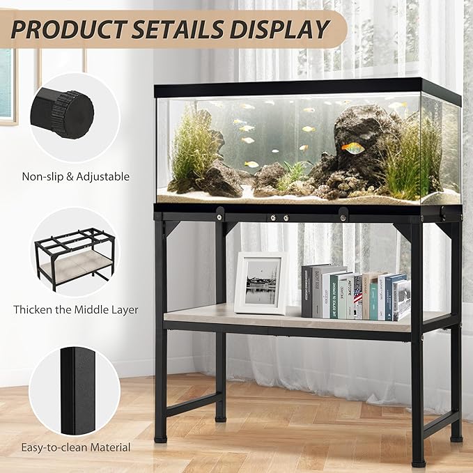10-20 Gallon Fish Tank Stand, Metal Aquarium Stand with Adjustable Non-Slip Foot and Wooden Shelf, Reptile Tank Stand Easy to Assemble for Home Office, Firm and Steady(Tank not Included)