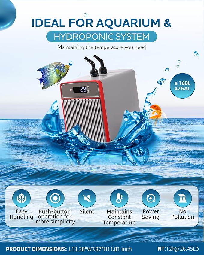 1/10 HP Aquarium Chiller– 42gal (160L). for Axolotls, Fish Tanks, hydroponics. Sea & Fresh Water Compatible. Includes Pump, nozzles & Hoops. Ideal for Coral & Shrimp.