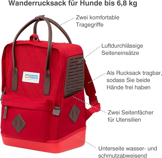 Kurgo Nomad Carrier Backpack - Airline Approved Dog Bag for Travel - Stylish Pet Backpack with Waterproof Bottom - Lightweight for Hiking - Small Breed Dog Carrier with Tablet Sleeve - Red