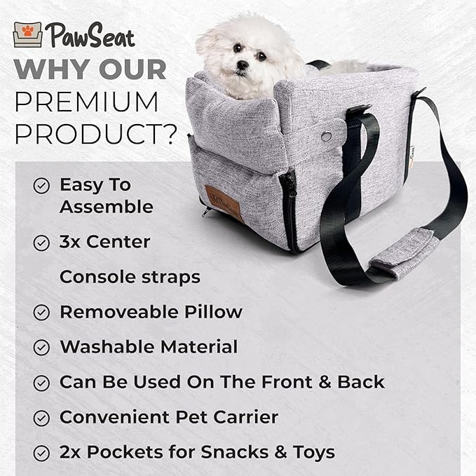 Center Console Dog Car Seat for Small Dogs and Puppies 5-13Lbs, Ideal Armrest Booster Car Travel Seat with Safety Protection Seat Belts, Storage Pockets - Reduces Anxiety (Woven - Grey)
