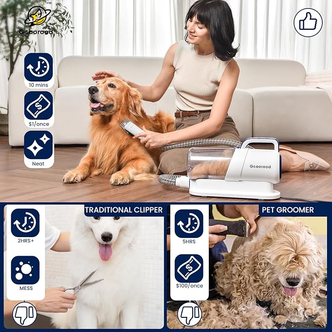 Dog Grooming Vacuum Kit, 5 in 1 Pet Hair Grooming Tools 13000Pa 2.2L Dust Cup with Clippers for Dogs Cats Shedding Brush Remover at Home Bule