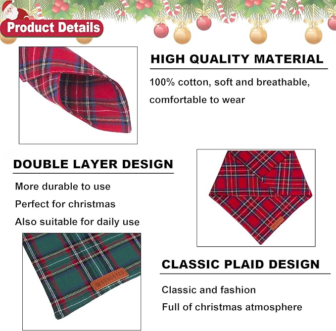 ADOGGYGO Christmas Dog Bandana 2 Pack, Stylish Plaid Pet Scarf, Premium Cotton Fabric, Multiple Sizes Offered, Christmas Bandanas for Medium Large Dogs Pets (Large)