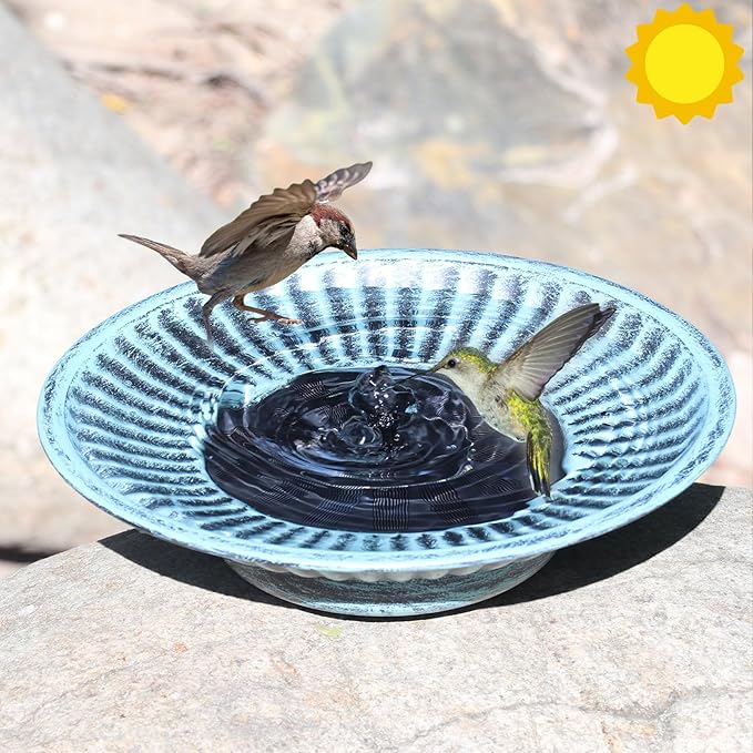 12.3" Solar Fountain Bird Bath for Outside, Metal Solar Bird Bath Fountains, Bird Bath Bubbler for Garden Patio Decor-Blue